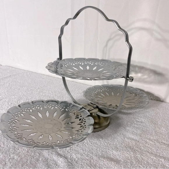 Vintage Silver Tone Three Tier Folding Dessert Sandwich  Serving Tray - Picture 3 of 16